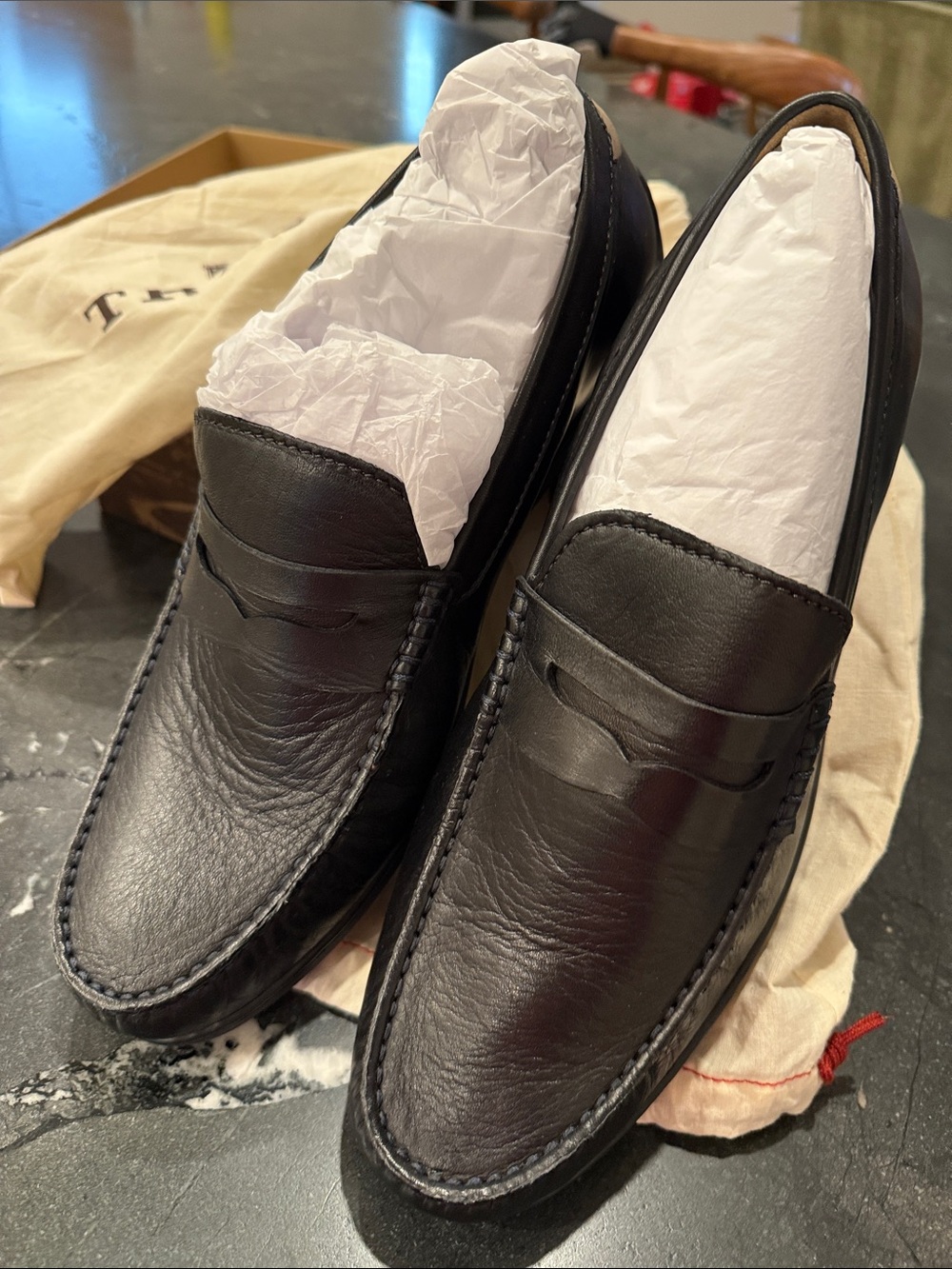 Trask brown and tan loafers box